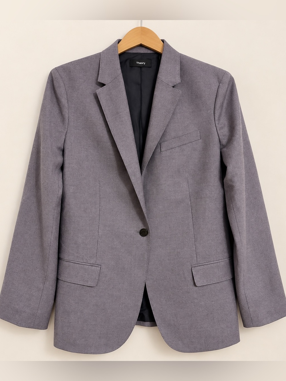 Theory 100% Virgin Wool Blazer Size 10 Single Button Tailored Jacket in Gray